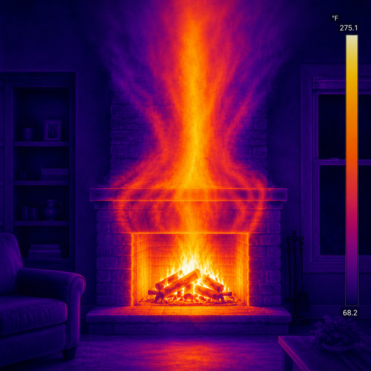 Infrared thermal image showing heat escaping through an open fireplace without a glass door.
